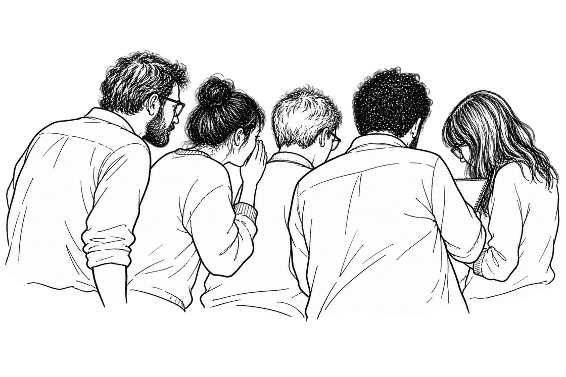 Five researchers turn away to confer over private notes, their backs and shoulders closing off the conversation.