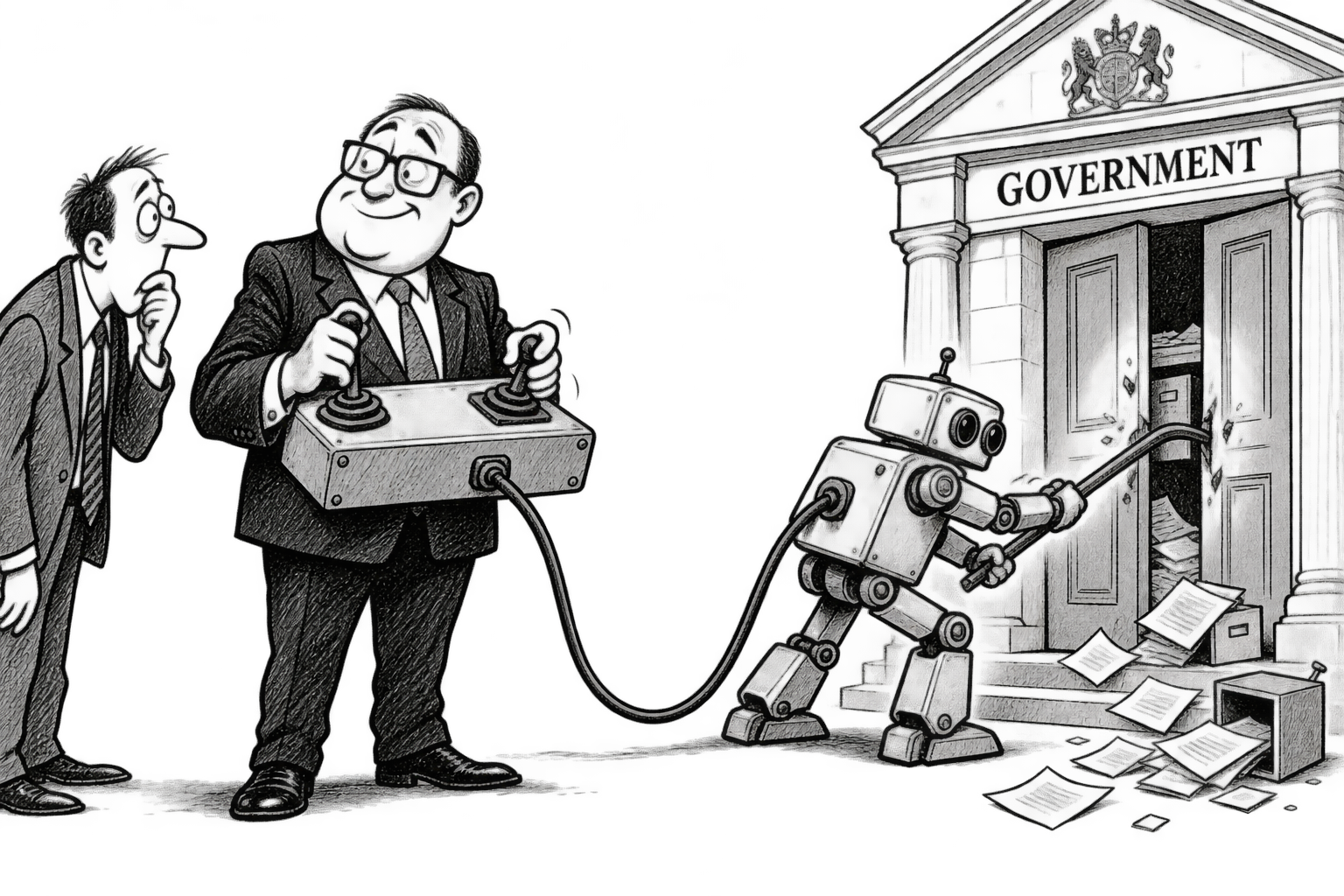 A fictional company executive operates a wired controller while his robot breaks into a government building.